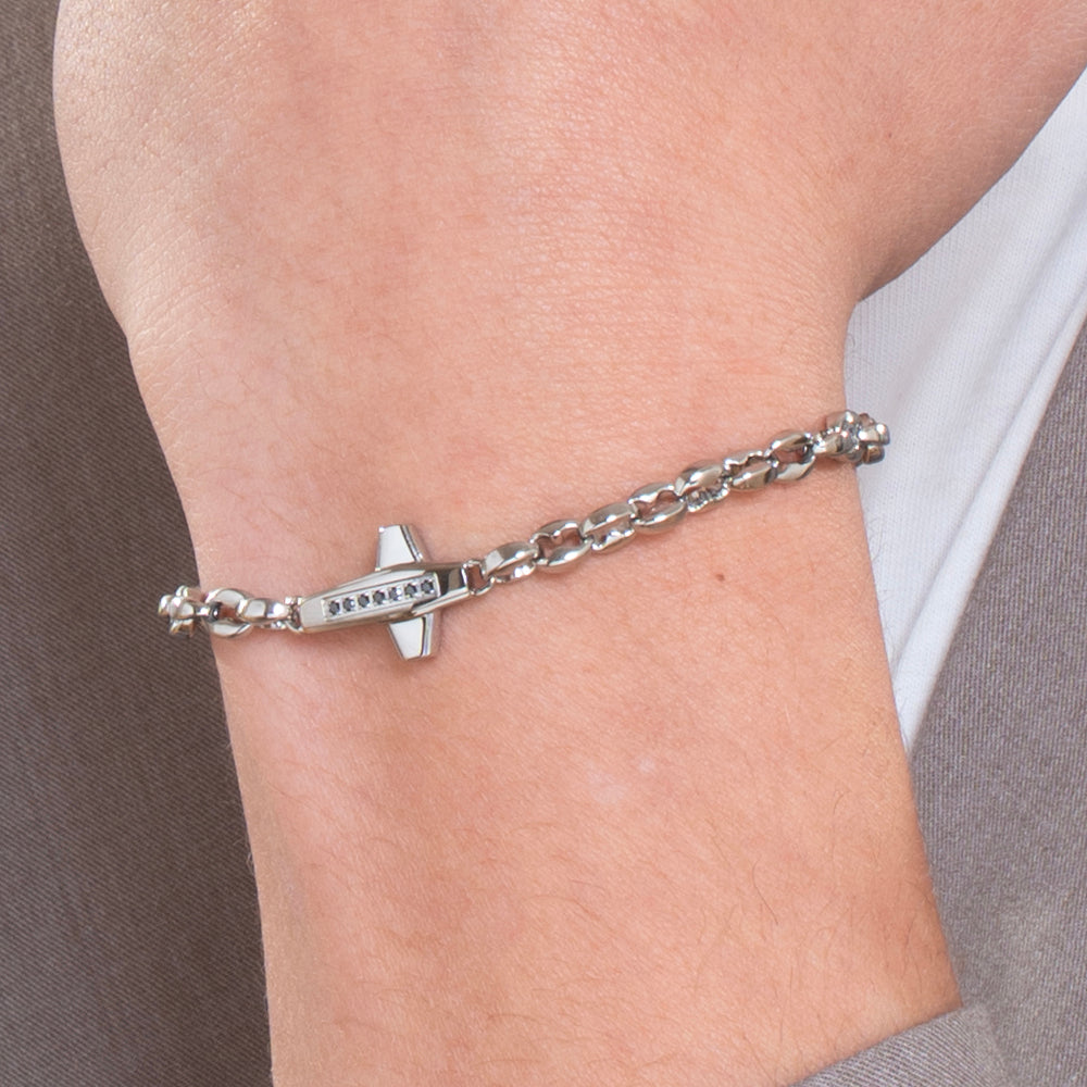 BRACCIALE UOMO IN ACCIAIO CROCE E ZIRCONI NERI