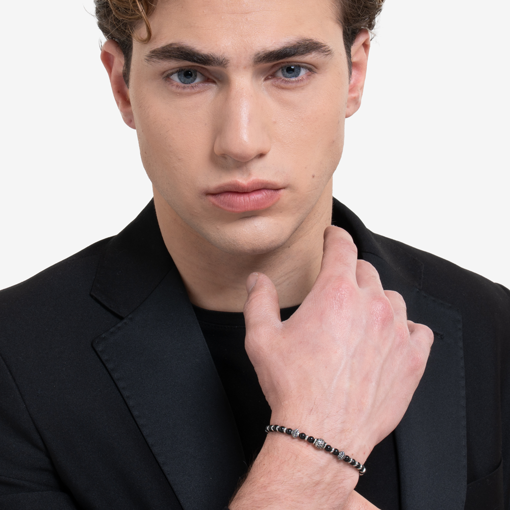 BRACCIALE UOMO IN ACCIAIO CON ELEMENTI IN ACCIAIO CON EFFETTO VINTAGE E SFERE