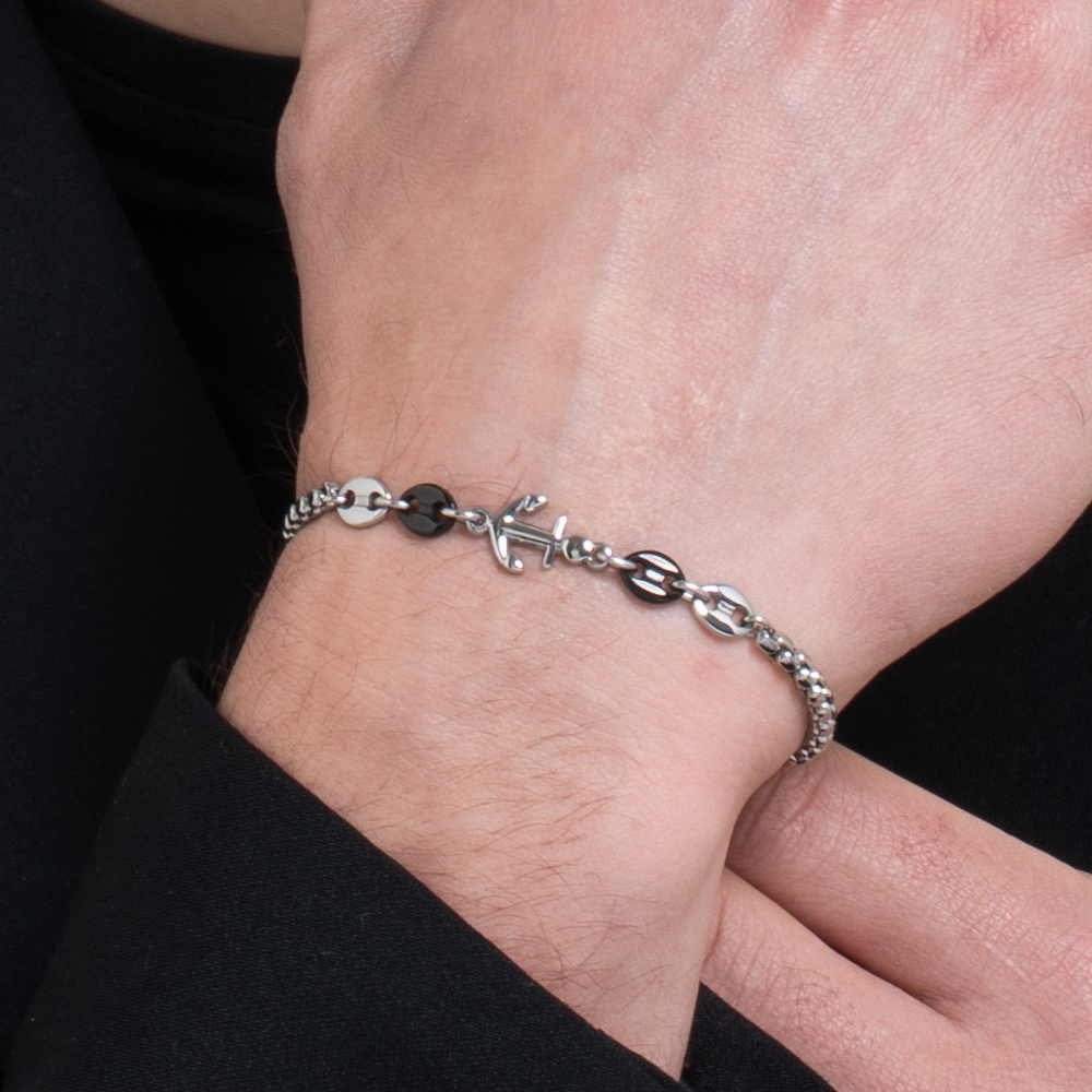 BRACCIALE UOMO IN ACCIAIO CON ANCORA ED ELEMENTI IN ACCIAIO IP NERO