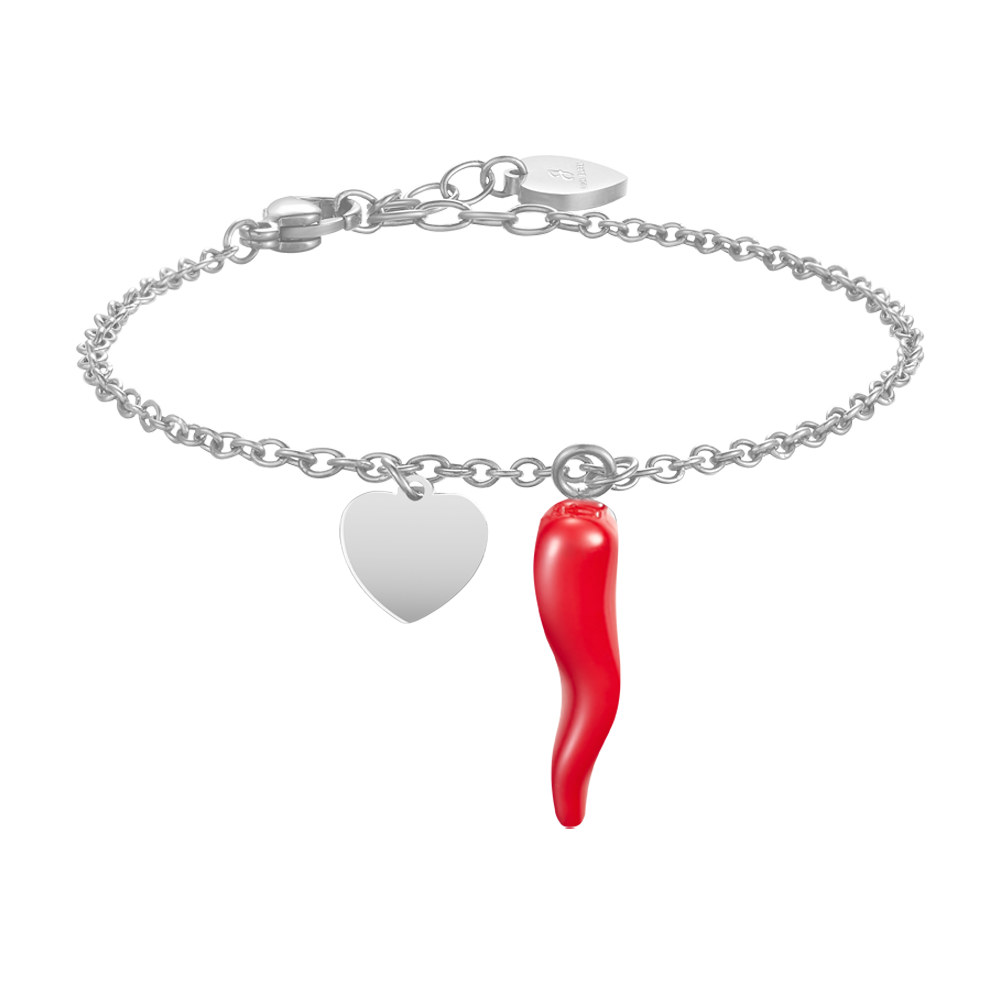 BRACCIALE DONNA IN ACCIAIO CON CUORE E CORNO ROSSO