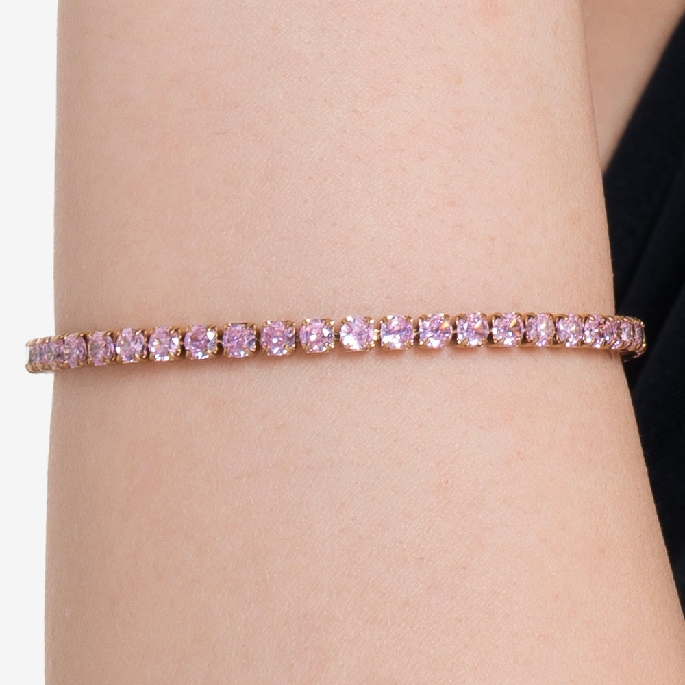BRACCIALE TENNIS DONNA IN ACCIAIO IP GOLD CON CRISTALLI ROSA