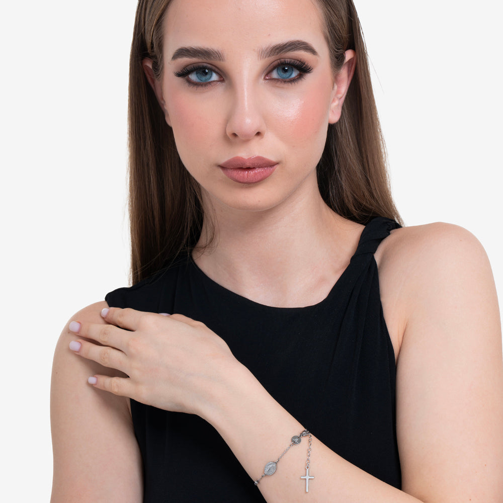 BRACCIALE DONNA ROSARIO IN ACCIAIO, MEDAGLIETTA CON MADONNINA MIRACOLOSA