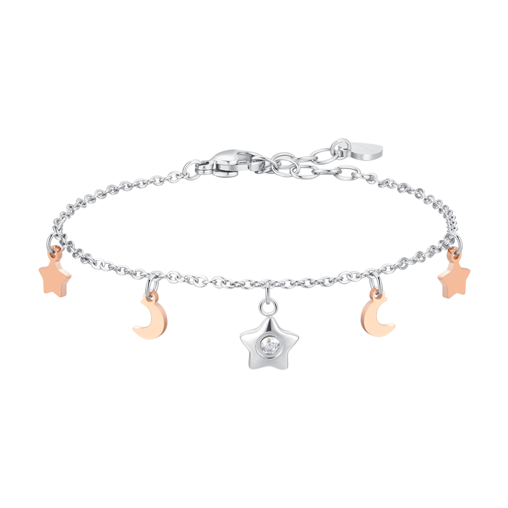 BRACCIALE DONNA IN ACCIAIO, STELLA CON ZIRCONE BIANCO, LUNE E STELLE IP ROSE