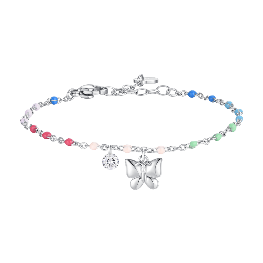 BRACCIALE DONNA IN ACCIAIO CON FARFALLA,CRISTALLO E PIETRE CON SMALTO MULTICOLOR