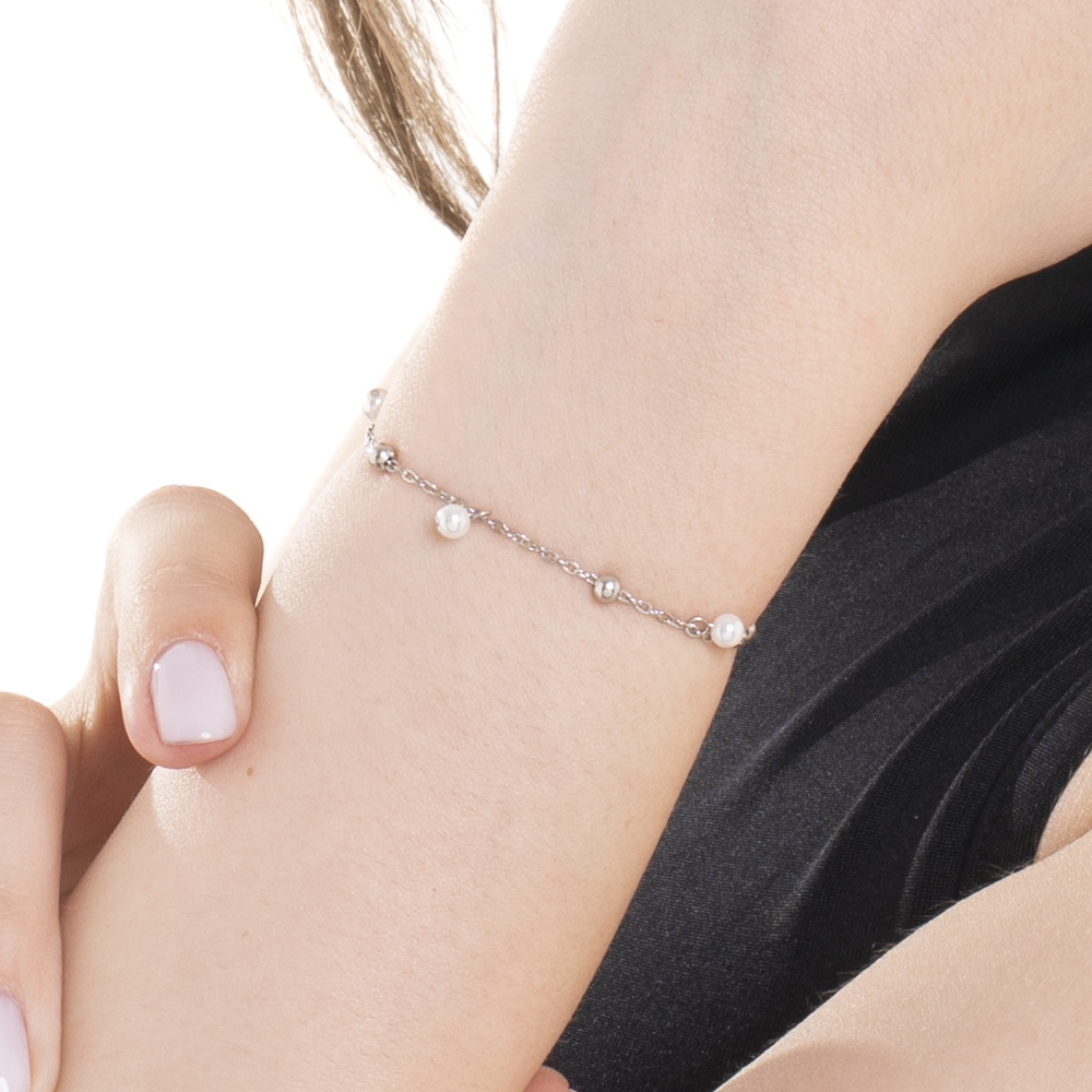 BRACCIALE DONNA IN ACCIAIO CON PERLE BIANCHE