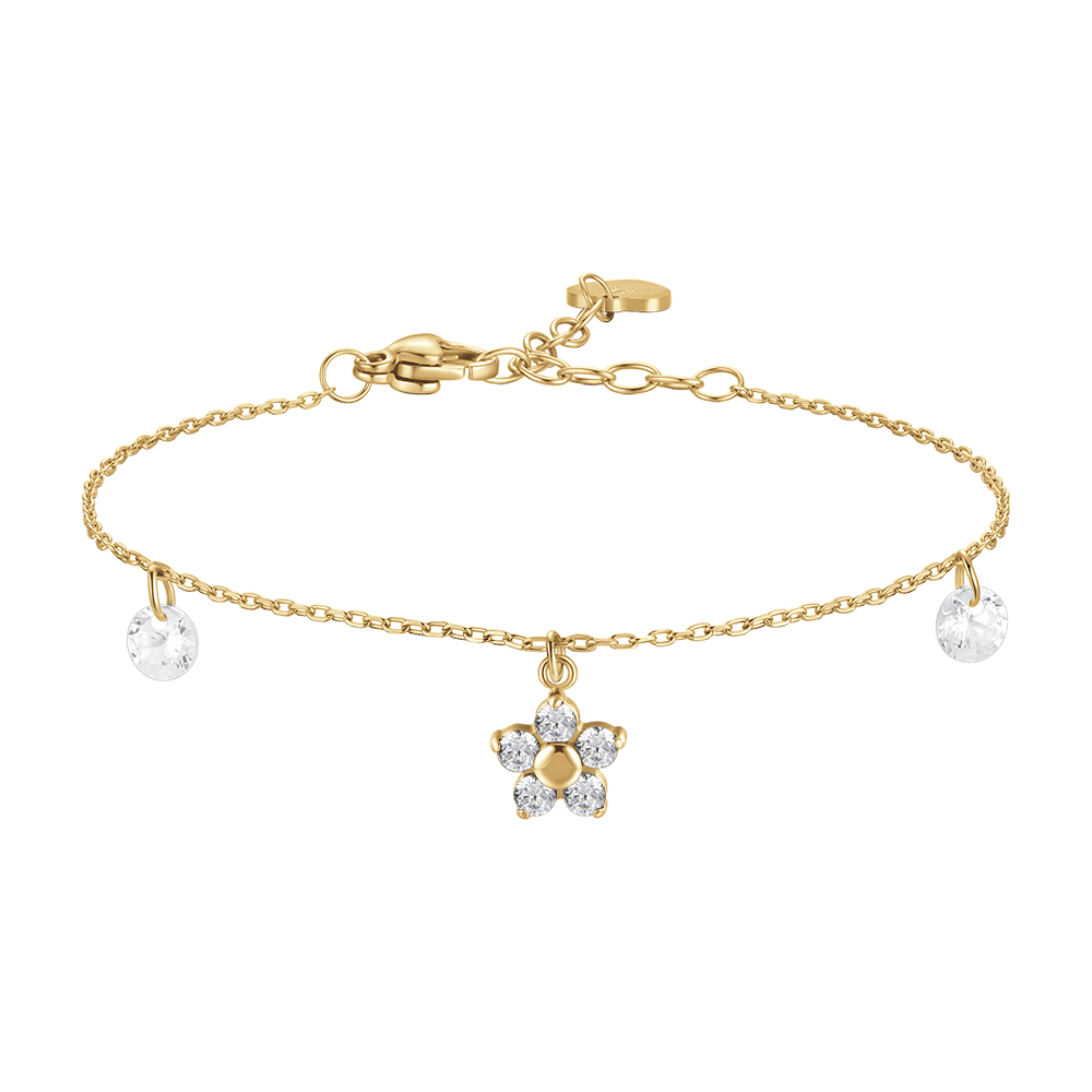 BRACCIALE DONNA IN ACCIAIO COLORE ORO CON PENDENTE FIORE E ZIRCONI BIANCHI