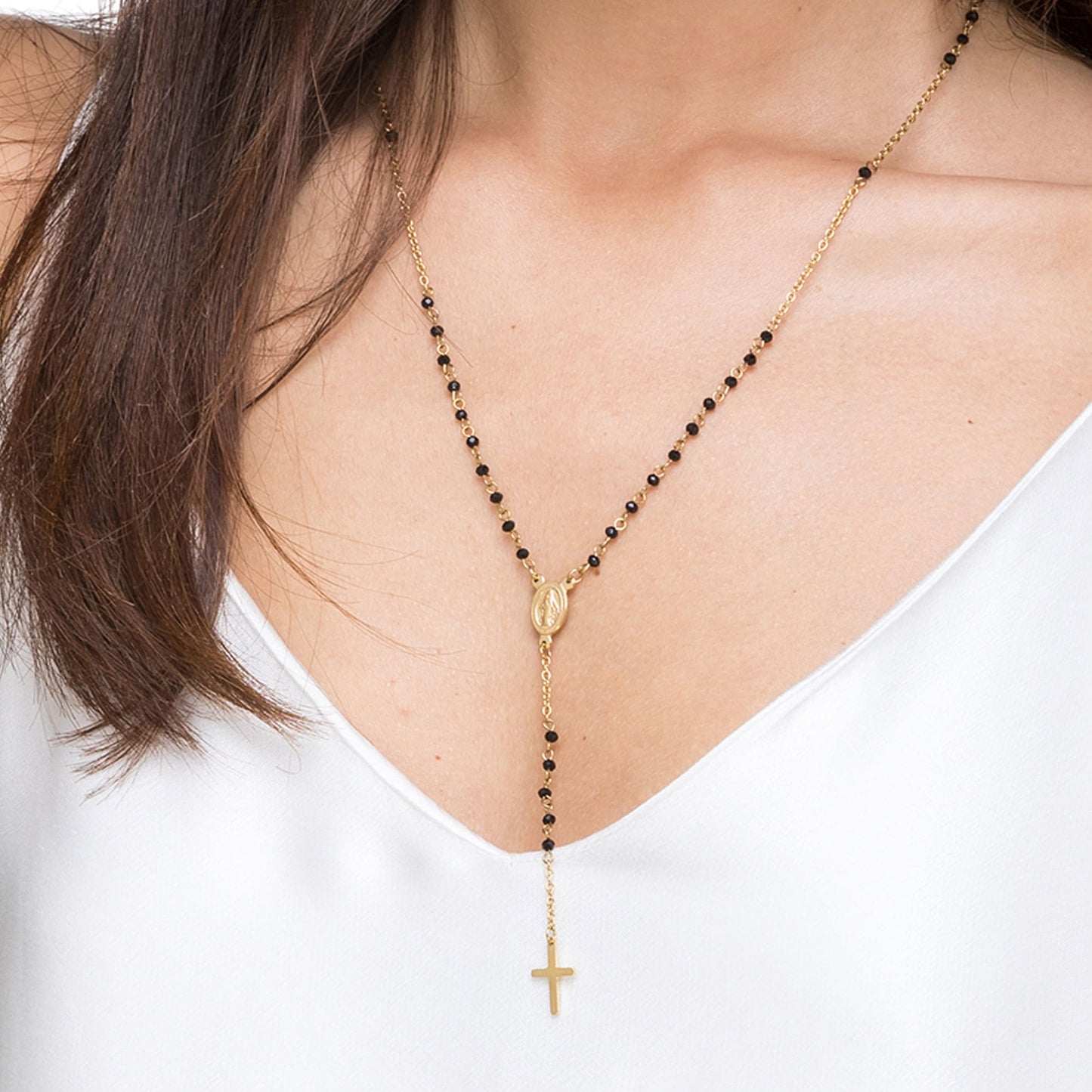 COLLANA DONNA ROSARIO IN ACCIAIO CON CRISTALLI NERI CON PENDENTE