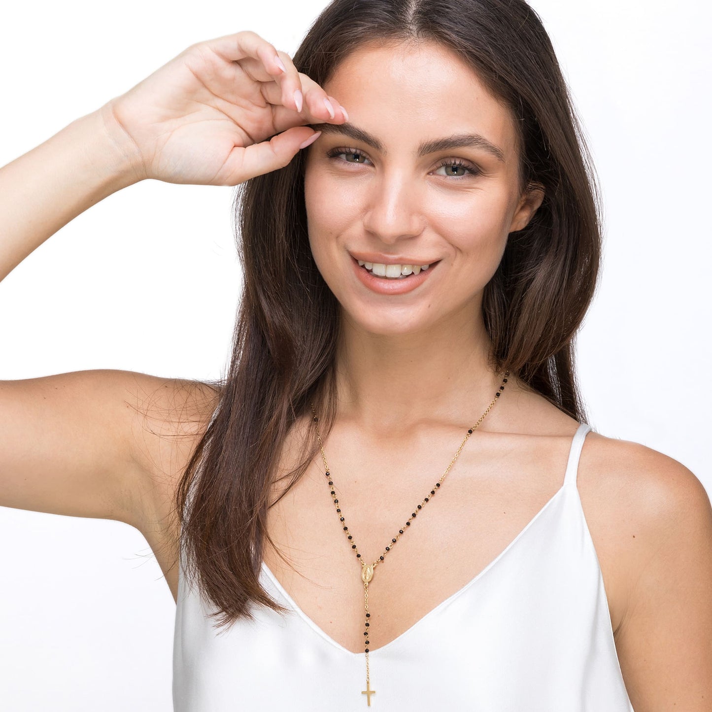 COLLANA DONNA ROSARIO IN ACCIAIO CON CRISTALLI NERI CON PENDENTE