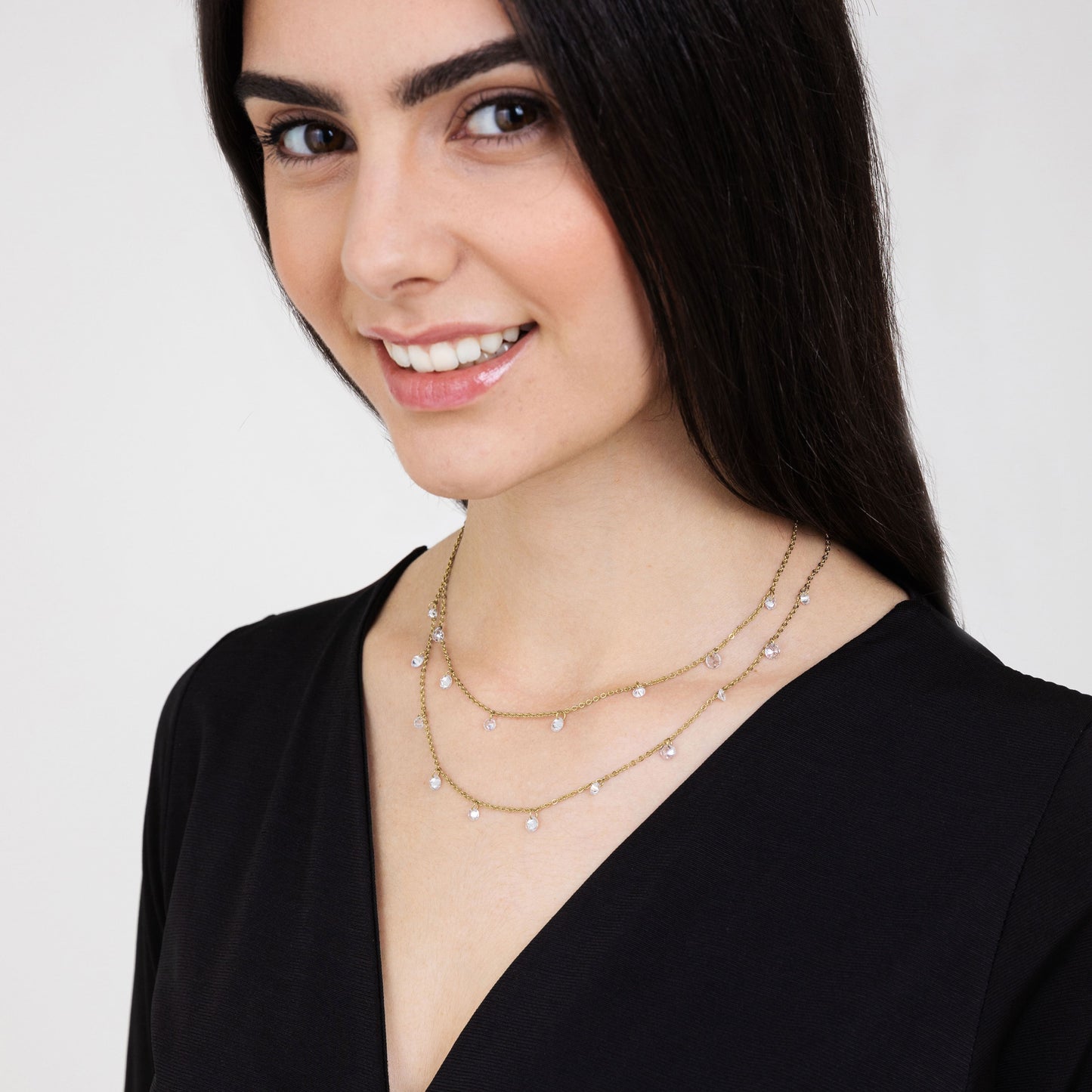 COLLANA DONNA IN ACCIAIO IP GOLD MULTIFILO CON CRISTALLI BIANCHI