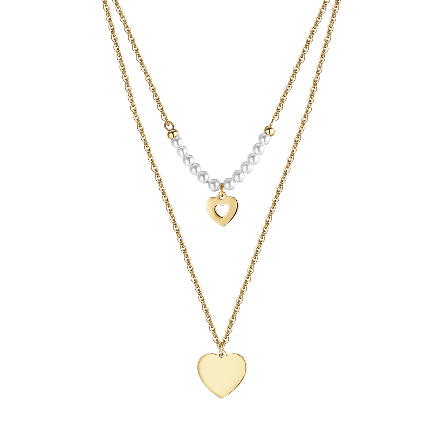 COLLANA DONNA IN ACCIAIO IP GOLD CON CUORI E PERLE BIANCHE
