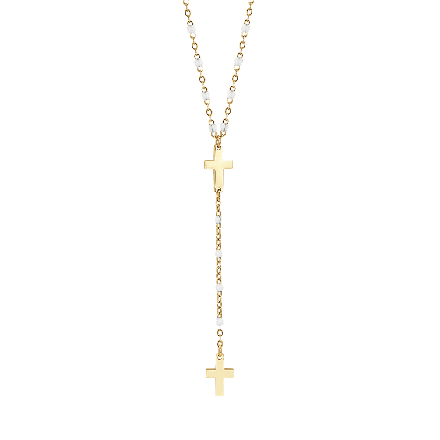 COLLANA ROSARIO DONNA IN ACCIAIO IP GOLD CON CROCI ED ELEMENTI BIANCHI