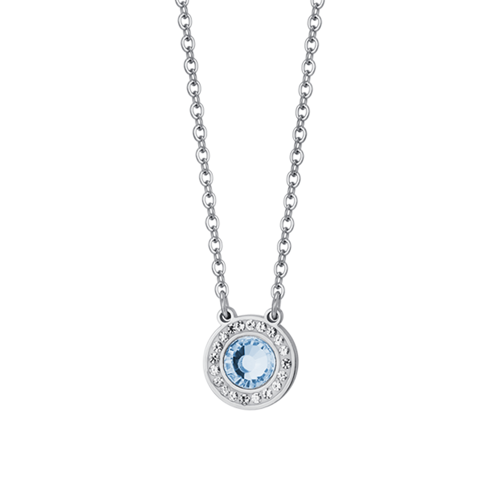 COLLANA DONNA IN ACCIAIO ELEMENTO CRISTALLO ACQUAMARINA E CRISTALLI BIANCHI