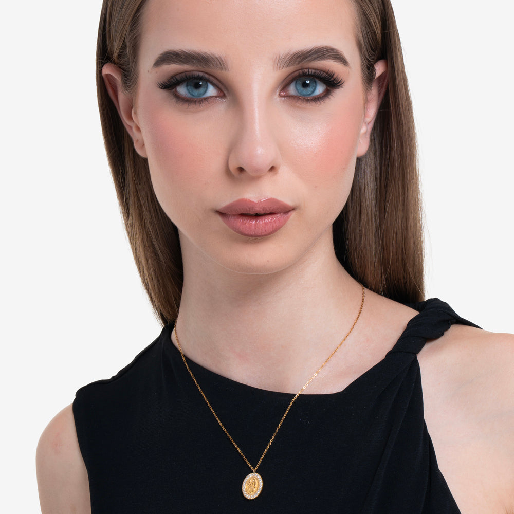 COLLANA DONNA IN ACCIAIO IP GOLD,  MADONNINA MIRACOLOSA E ZIRCONI BIANCHI