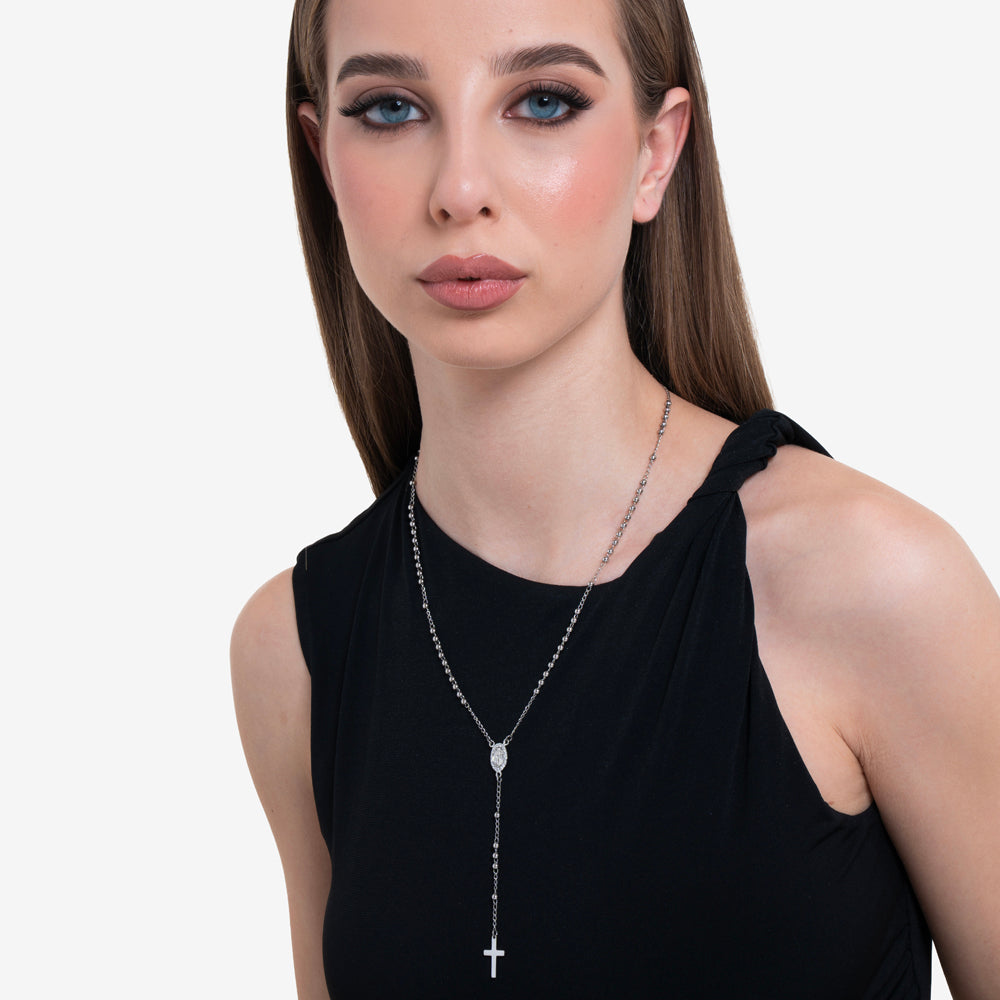 COLLANA DONNA ROSARIO IN ACCIAIO, MEDAGLIETTA CON MADONNINA MIRACOLOSA E ZIRCONI