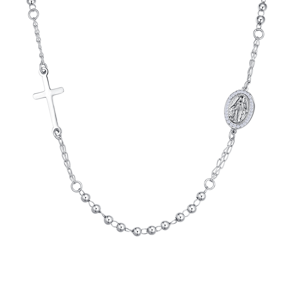 COLLANA DONNA ROSARIO IN ACCIAIO, MEDAGLIETTA CON MADONNINA MIRACOLOSA