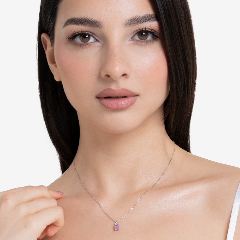 COLLANA DONNA IN ACCIAIO CON ZIRCONI ROSA E BIANCO