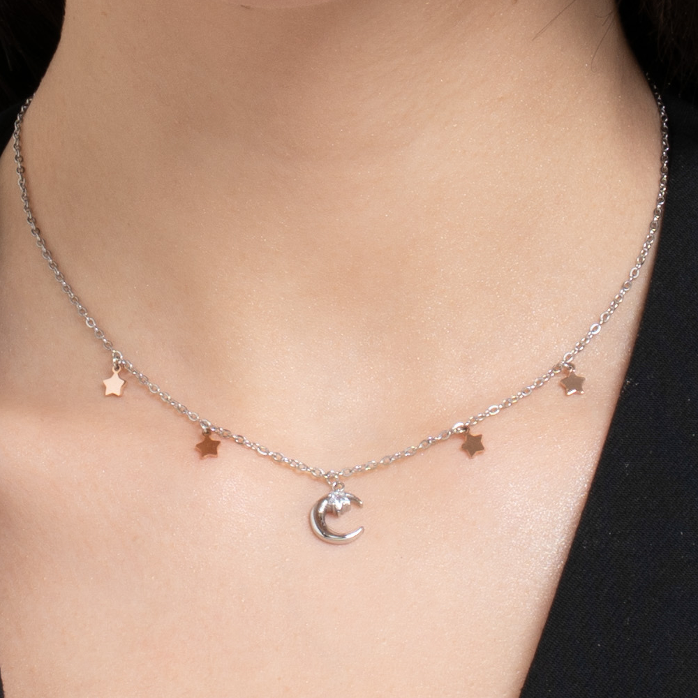 COLLANA DONNA IN ACCIAIO, LUNA CON ZIRCONE BIANCO E STELLE
