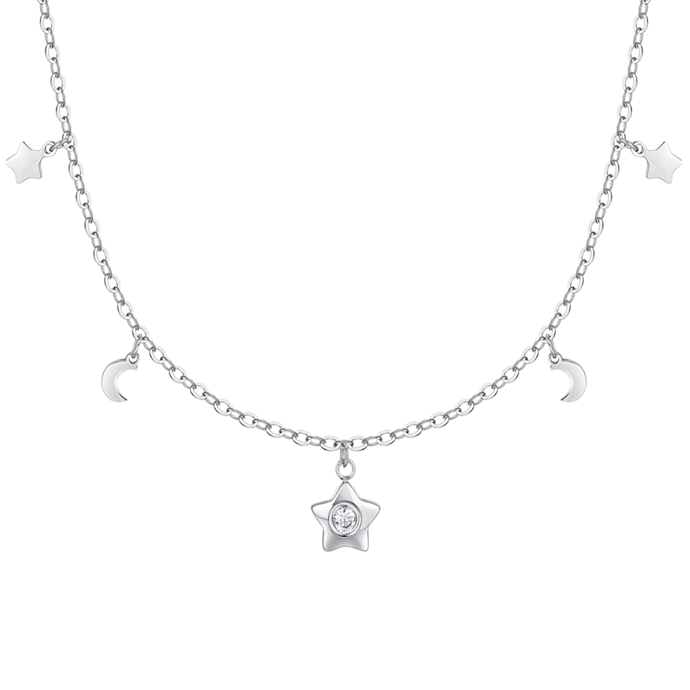 COLLANA DONNA IN ACCIAIO, STELLA CON ZIRCONE BIANCO, LUNE E STELLE