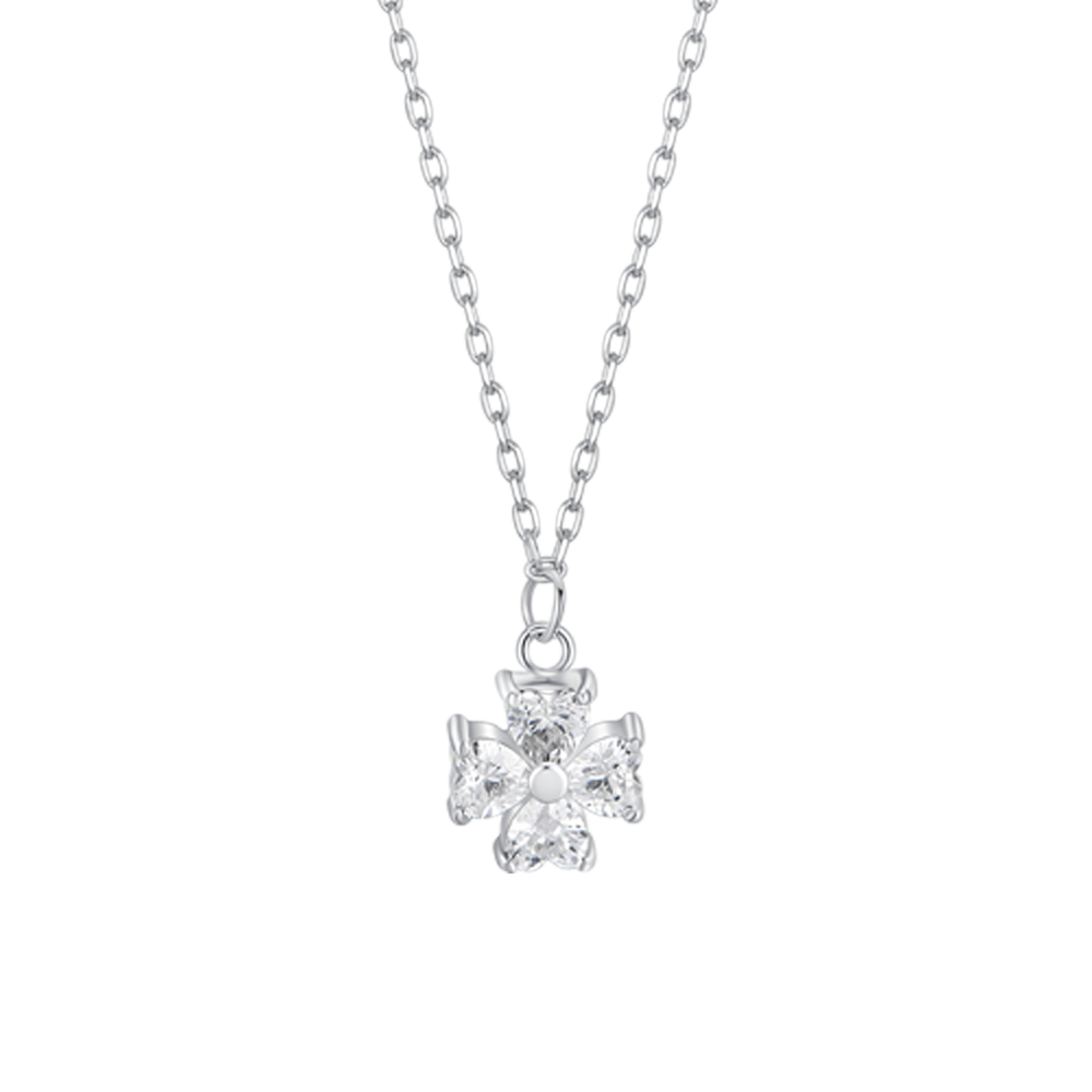 COLLANA IN ACCIAIO CON QUADRIFOGLIO E PETALI ZIRCONE BIANCO