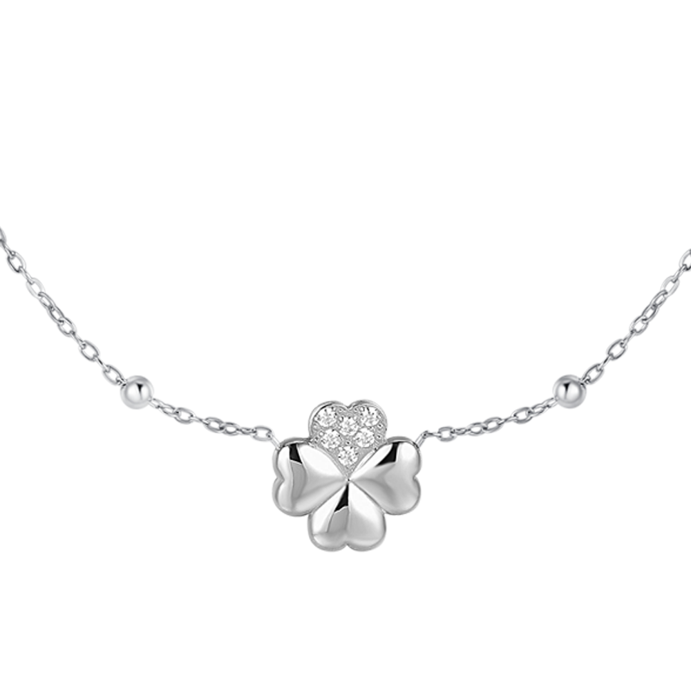 COLLANA DONNA IN ACCIAIO CON QUADRIFOGLIO E PUNTI LUCE IN ZIRCONE BIANCO
