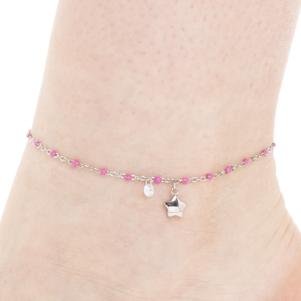 CAVIGLIERA DONNA IN ACCIAIO CON STELLA, CRISTALLO E PIETRE CON SMALTO FUCSIA