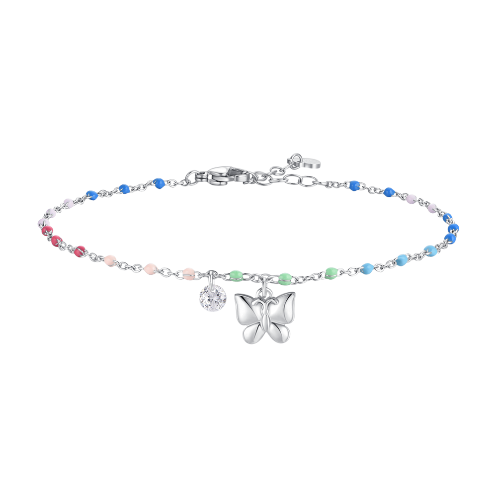 CAVIGLIERA DONNA IN ACCIAIO CON FARFALLA,CRISTALLO E PIETRE MULTICOLOR