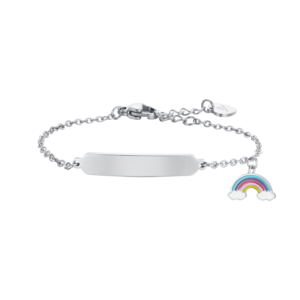 BRACCIALE BAMBINA IN ACCIAIO CON ARCOBALENO E PIASTRA