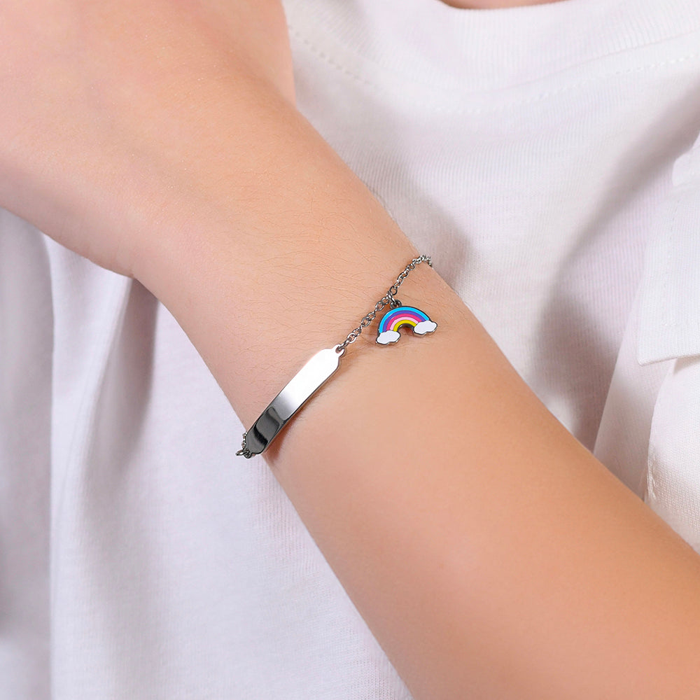 BRACCIALE BAMBINA IN ACCIAIO CON ARCOBALENO E PIASTRA