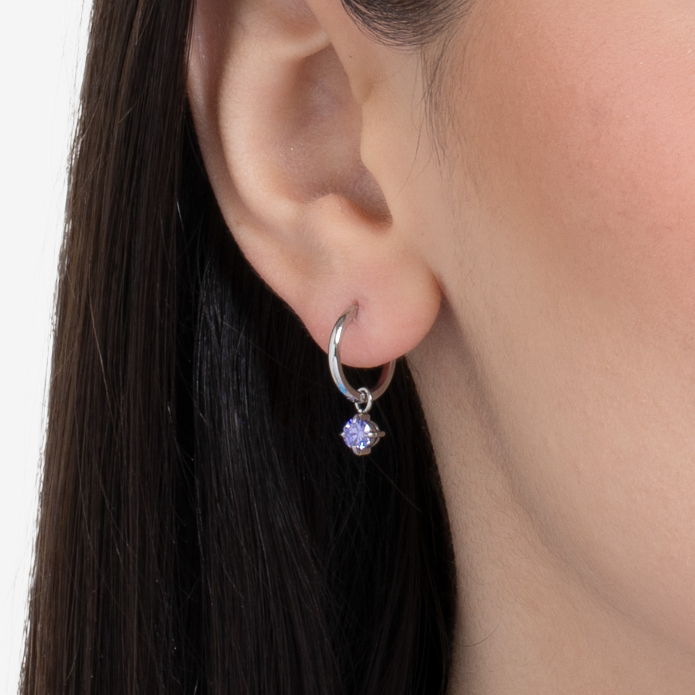 MONO ORECCHINI DONNA IN ACCIAIO CERCHIO CON ZIRCONE VIOLA
