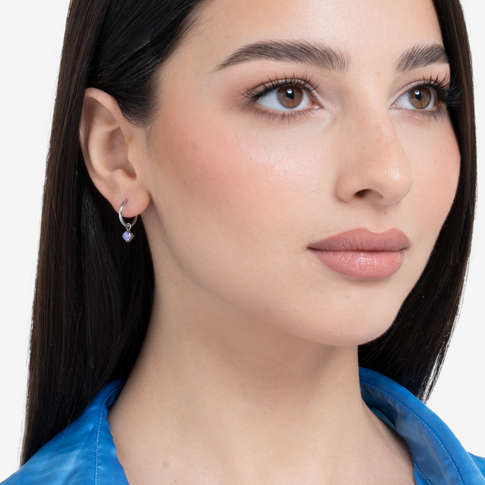 MONO ORECCHINI DONNA IN ACCIAIO CERCHIO CON ZIRCONE VIOLA