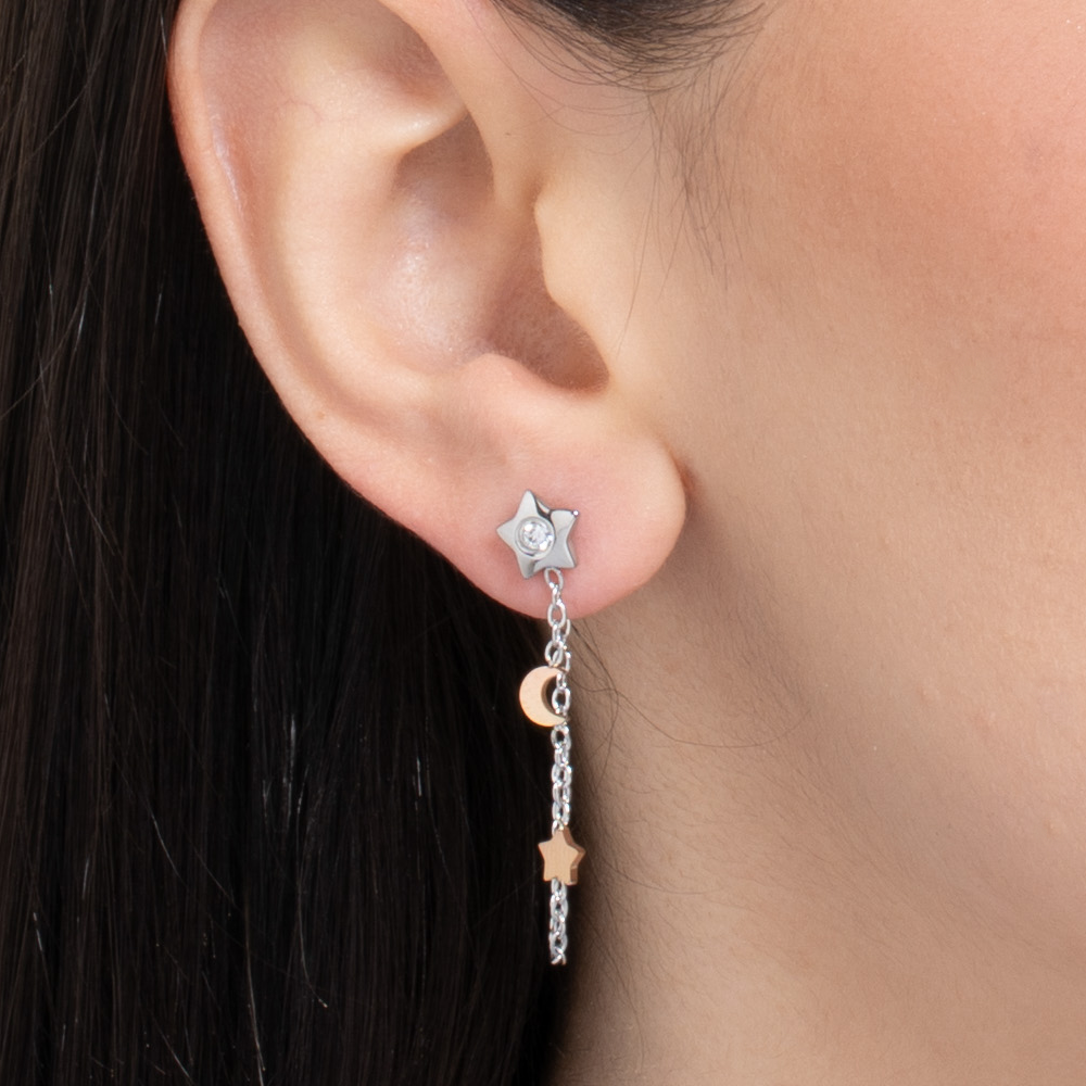 MONO ORECCHINO DONNA IN ACCIAIO, STELLA CON ZIRCONE BIANCO,LUNA E STELLA IP ROSE