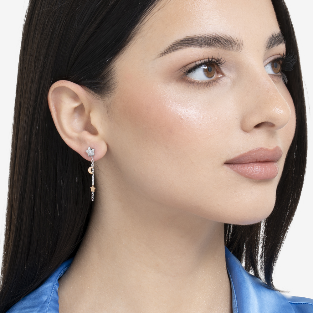 MONO ORECCHINO DONNA IN ACCIAIO, STELLA CON ZIRCONE BIANCO,LUNA E STELLA IP ROSE