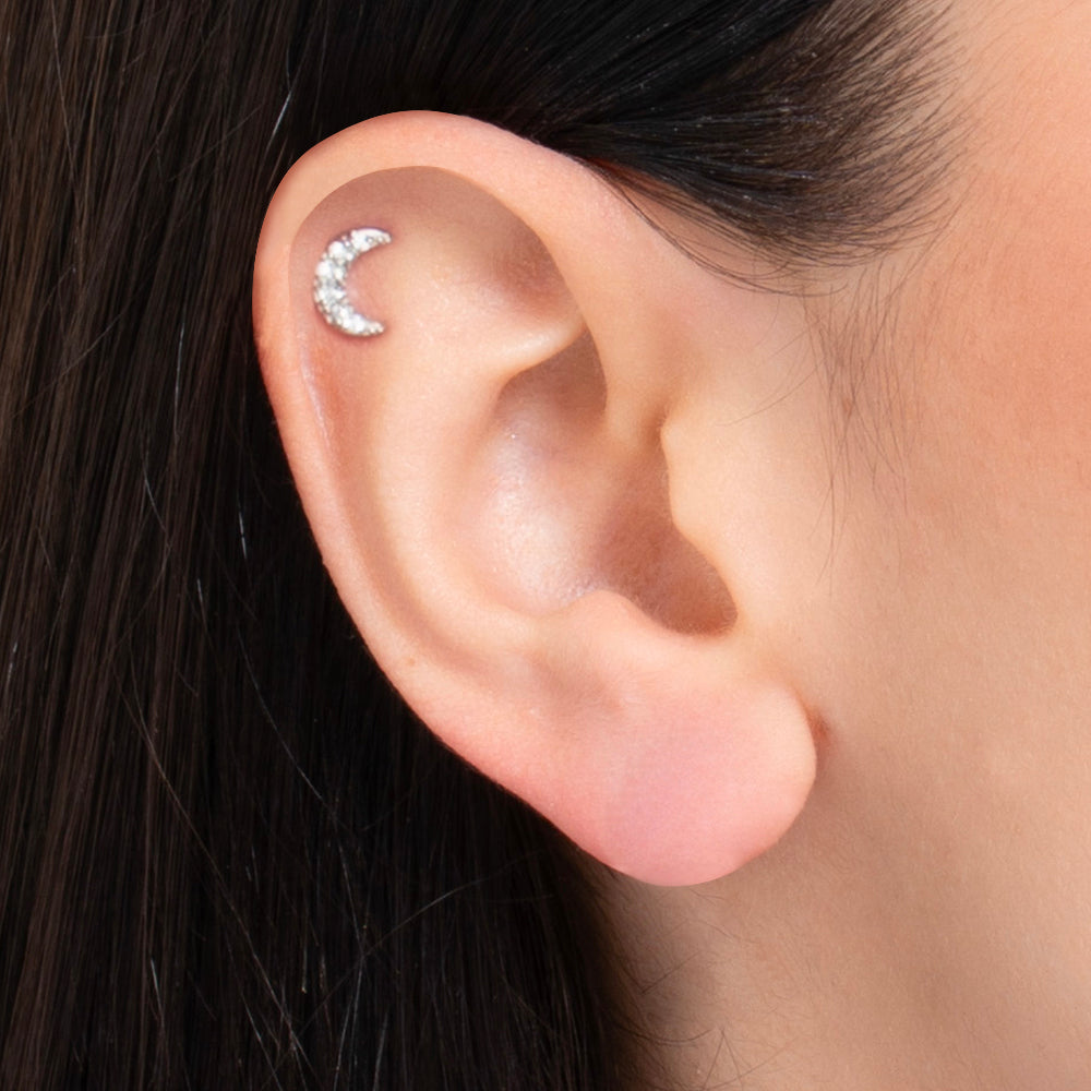 PIERCING ORECCHIO DONNA IN ACCIAIO FORMA LUNA CON ZIRCONI BIANCHI