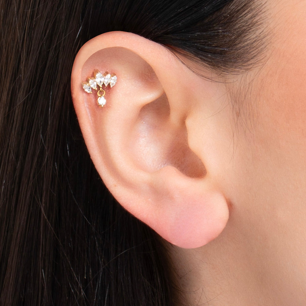 PIERCING ORECCHIO DONNA IN ACCIAIO COLORE ORO VENTAGLIO ZIRCONI BIANCHI