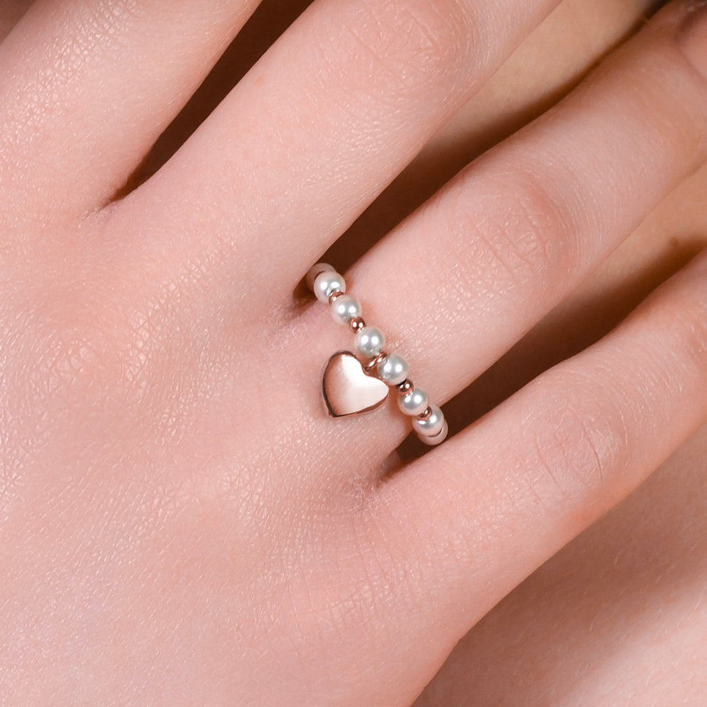 ANELLO DONNA IN ACCIAIO IP ROSE E PERLE BIANCHE CON CUORE IP ROSE
