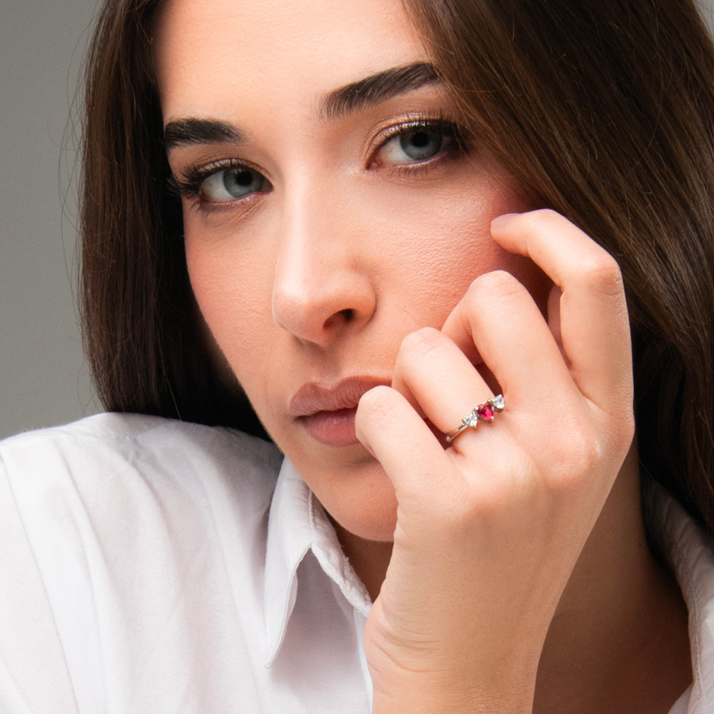 ANELLO DONNA IN ACCIAIO CON CUORI CON ZIRCONI BIANCHI E ROSSI