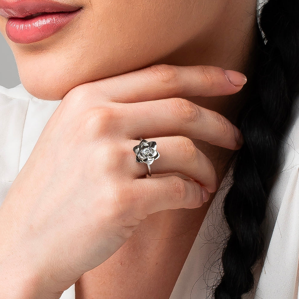 ANELLO DONNA IN ACCIAIO, FIORE CON ZIRCONE BIANCO