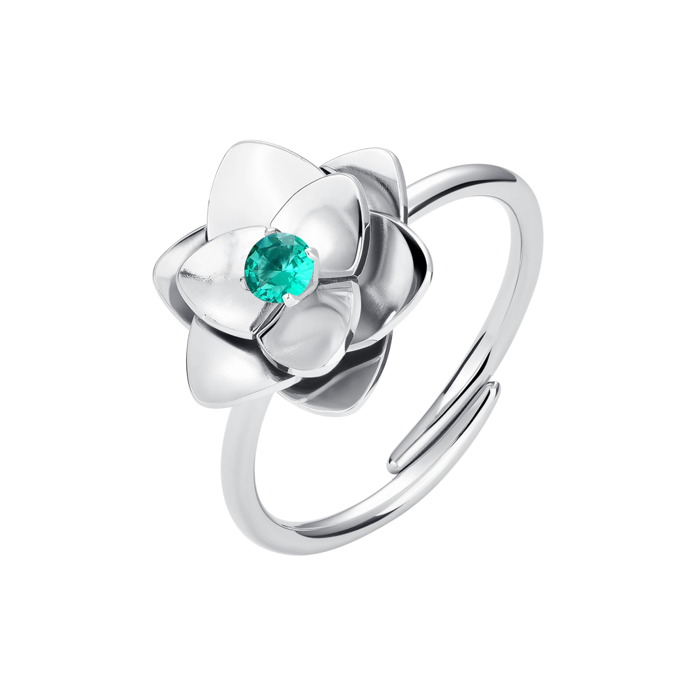 ANELLO DONNA IN ACCIAIO, FIORE CON ZIRCONE VERDE