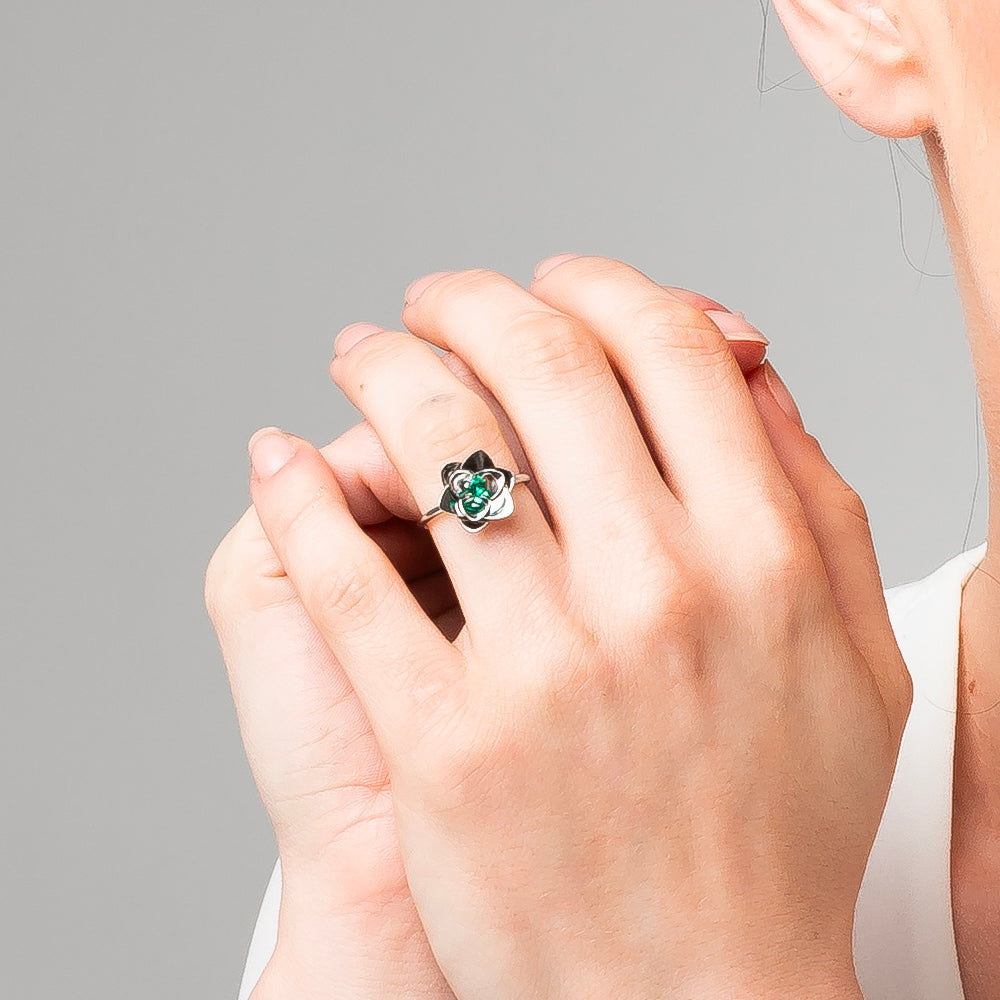 ANELLO DONNA IN ACCIAIO, FIORE CON ZIRCONE VERDE