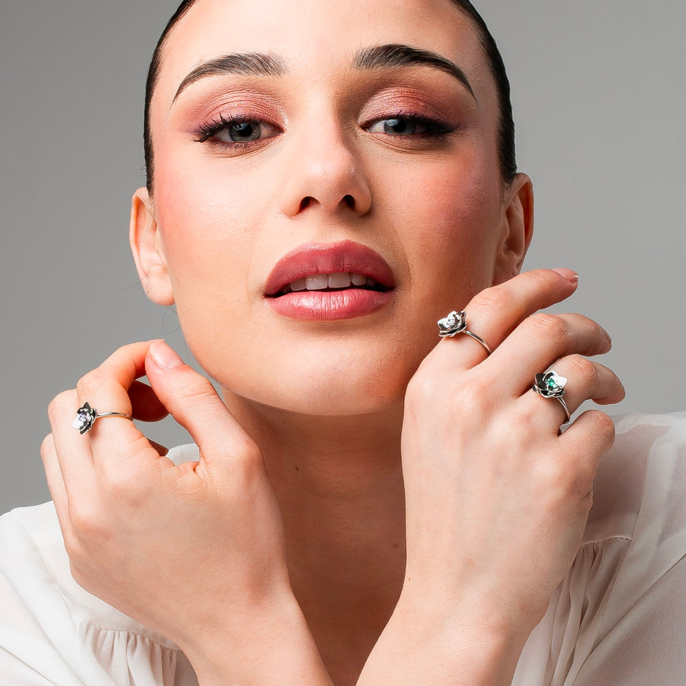 ANELLO DONNA IN ACCIAIO, FIORE CON ZIRCONE VERDE