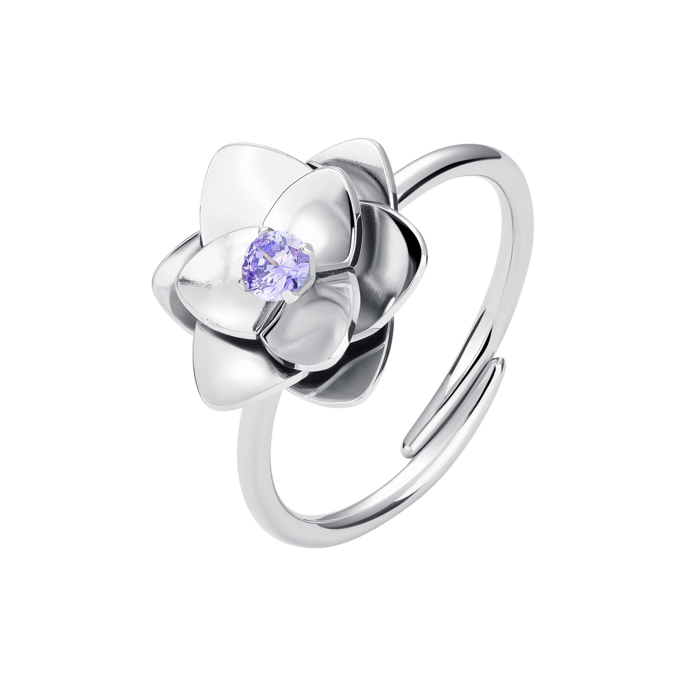 ANELLO DONNA IN ACCIAIO, FIORE CON ZIRCONE VIOLA