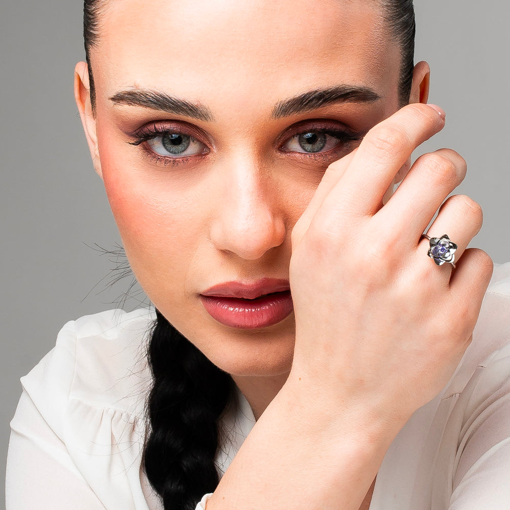 ANELLO DONNA IN ACCIAIO, FIORE CON ZIRCONE VIOLA