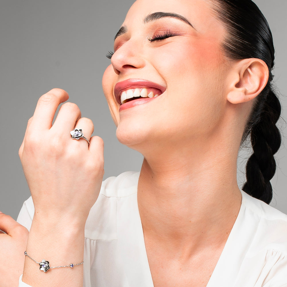 ANELLO DONNA IN ACCIAIO, FIORE CON ZIRCONE VIOLA