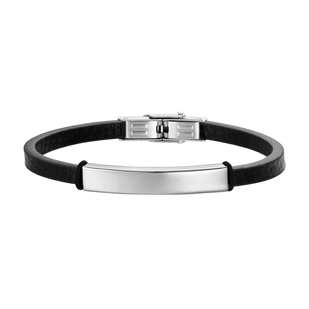 BRACCIALE UOMO IN CUOIO NERO CON PIASTRA IN ACCIAIO