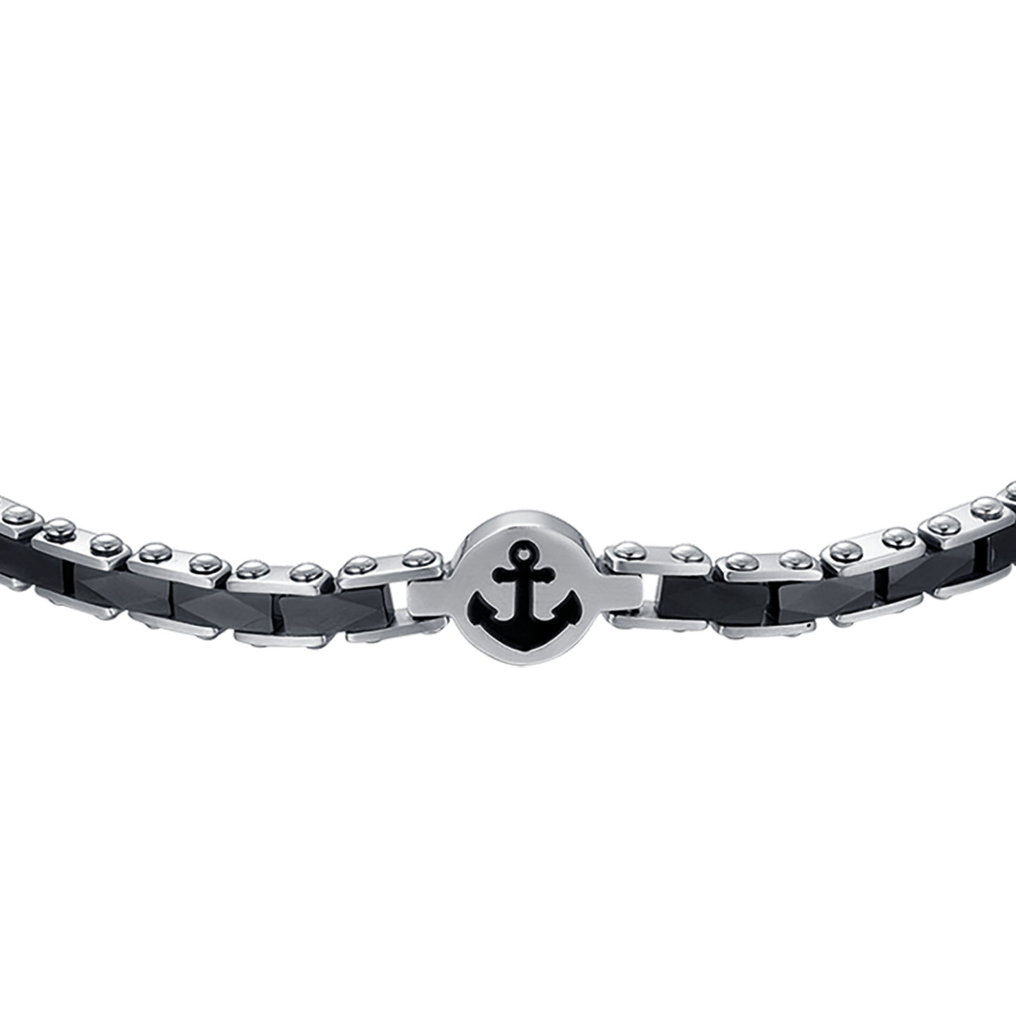 BRACCIALE UOMO IN ACCIAIO CON ANCORA ED ELEMENTI IN CERAMICA NERA