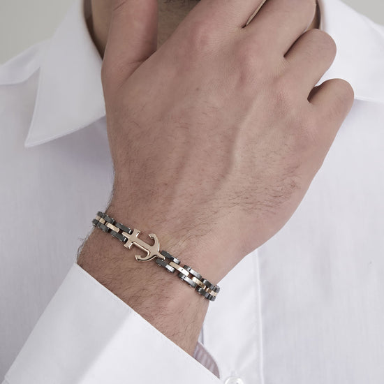 BRACCIALE UOMO IN ACCIAIO IP ROSE CON ELEMENTI IN CERAMICA NERA ED ANCORA