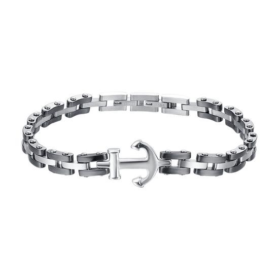 BRACCIALE UOMO IN ACCIAIO IP ROSE CON ELEMENTI IN CERAMICA NERA ED ANCORA