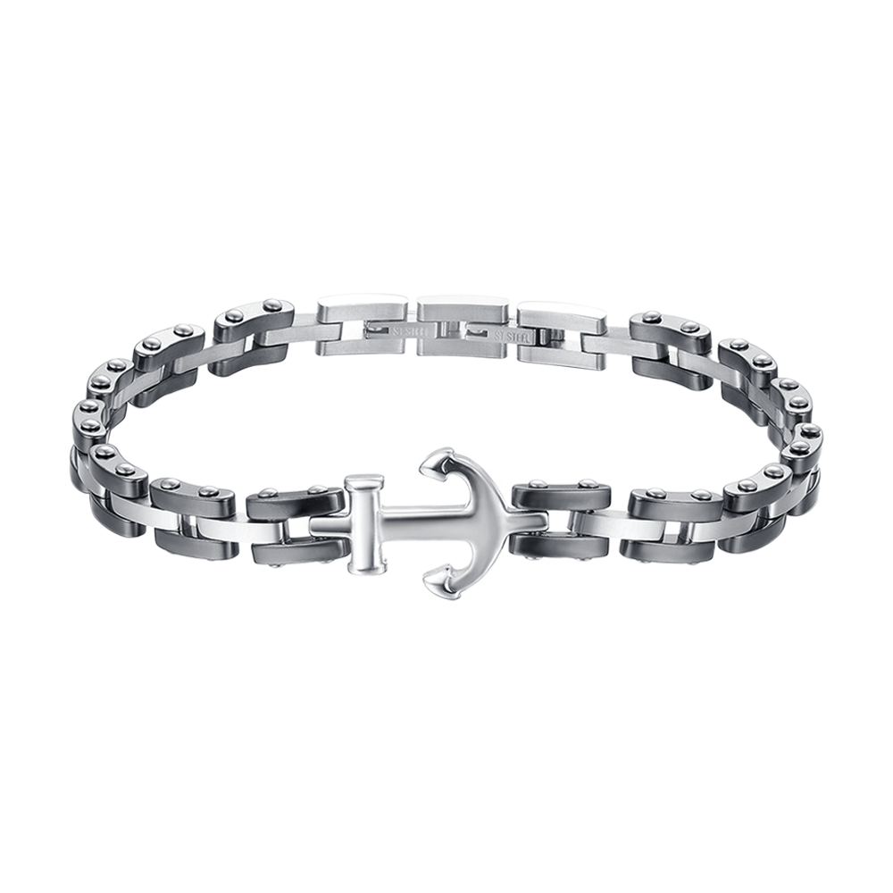 BRACCIALE UOMO IN ACCIAIO IP ROSE CON ELEMENTI IN CERAMICA NERA ED ANCORA