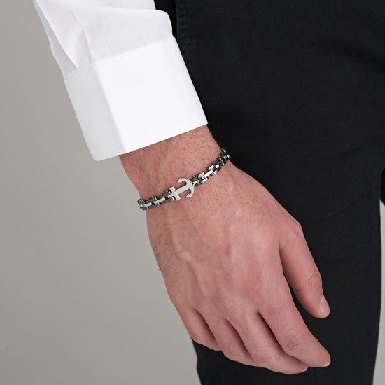 BRACCIALE UOMO IN ACCIAIO IP ROSE CON ELEMENTI IN CERAMICA NERA ED ANCORA