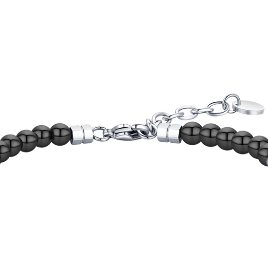 BRACCIALE UOMO IN ACCIAIO CON PIETRE NERE ED ELEMENTI IN ACCIAIO